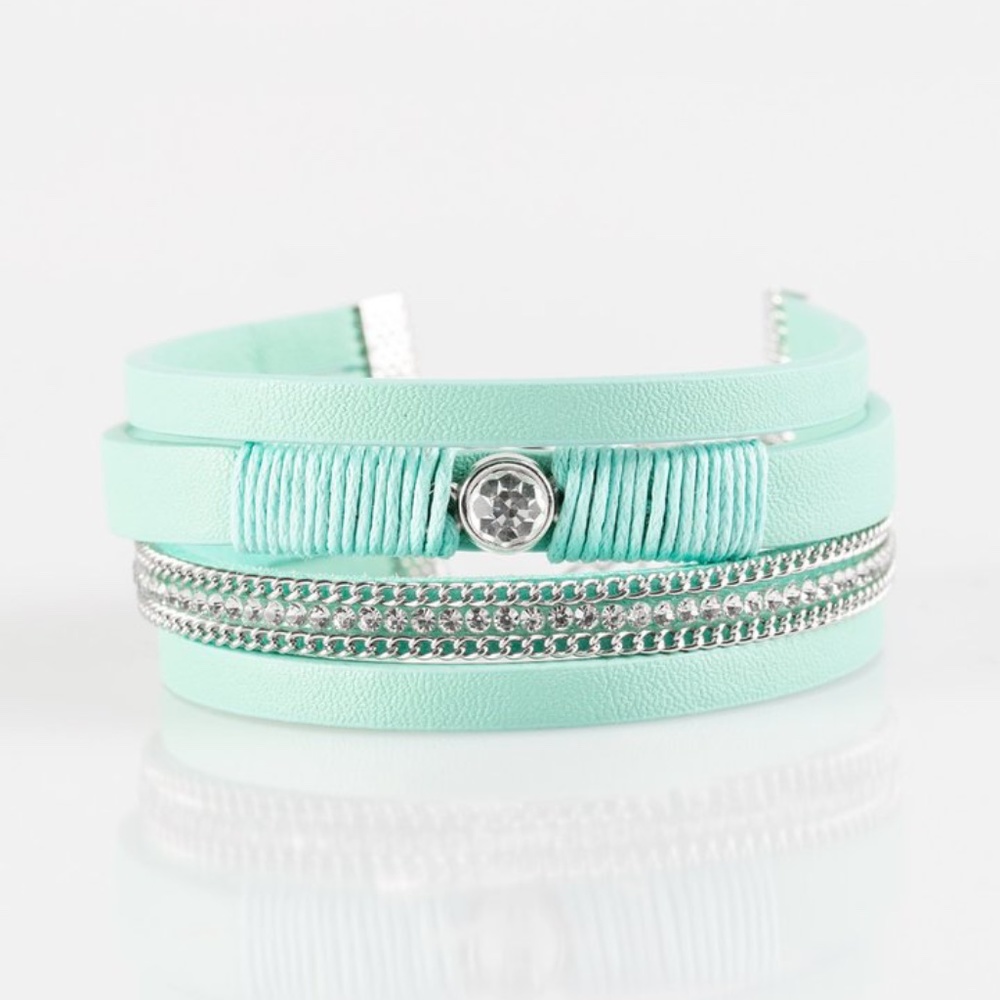 Foam Green Leather Silver Chain Bracelet